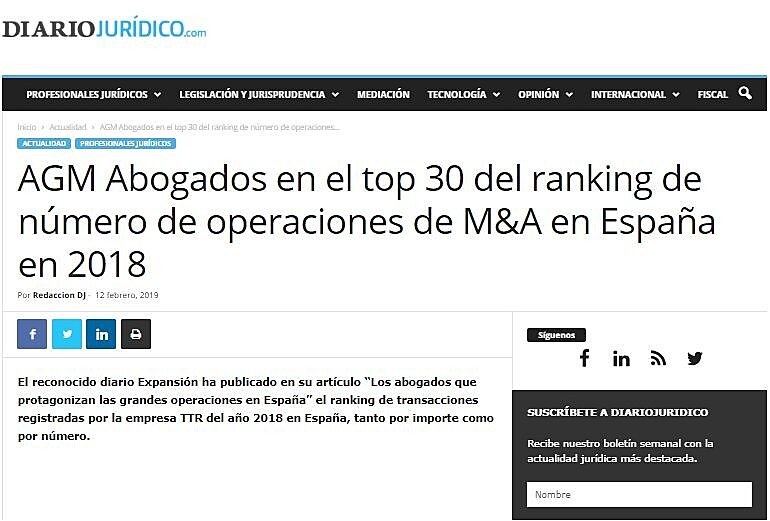 AGM Abogados en el top 30 del ranking de nmero de operaciones de M&A en Espaa en 2018